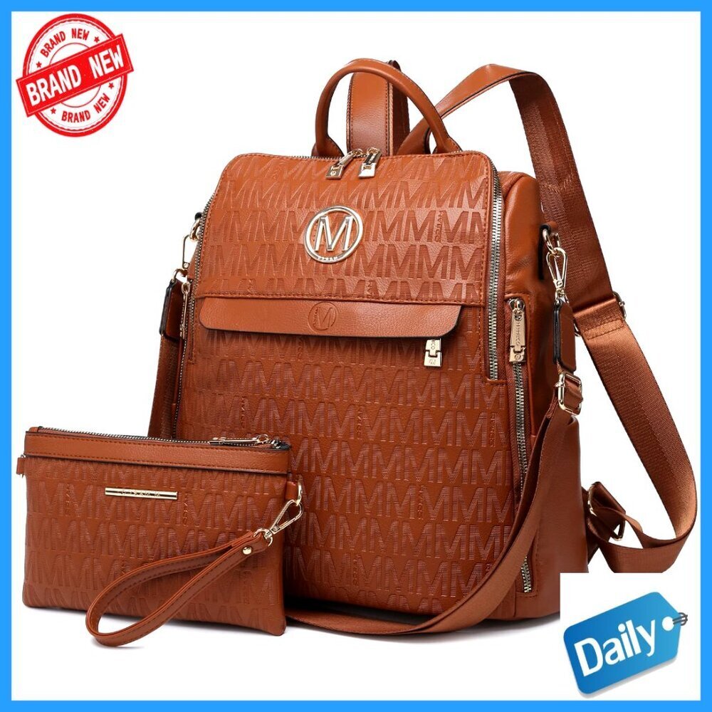 Convertible Vegan Leather Backpack Purse Set with Wristlet, Adjustable Straps